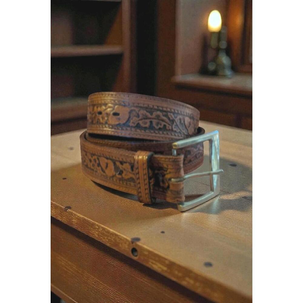 Vintage Tooled Leather Belt 42" Top Grain Steer Hide Oak Leaf Design Zipper...